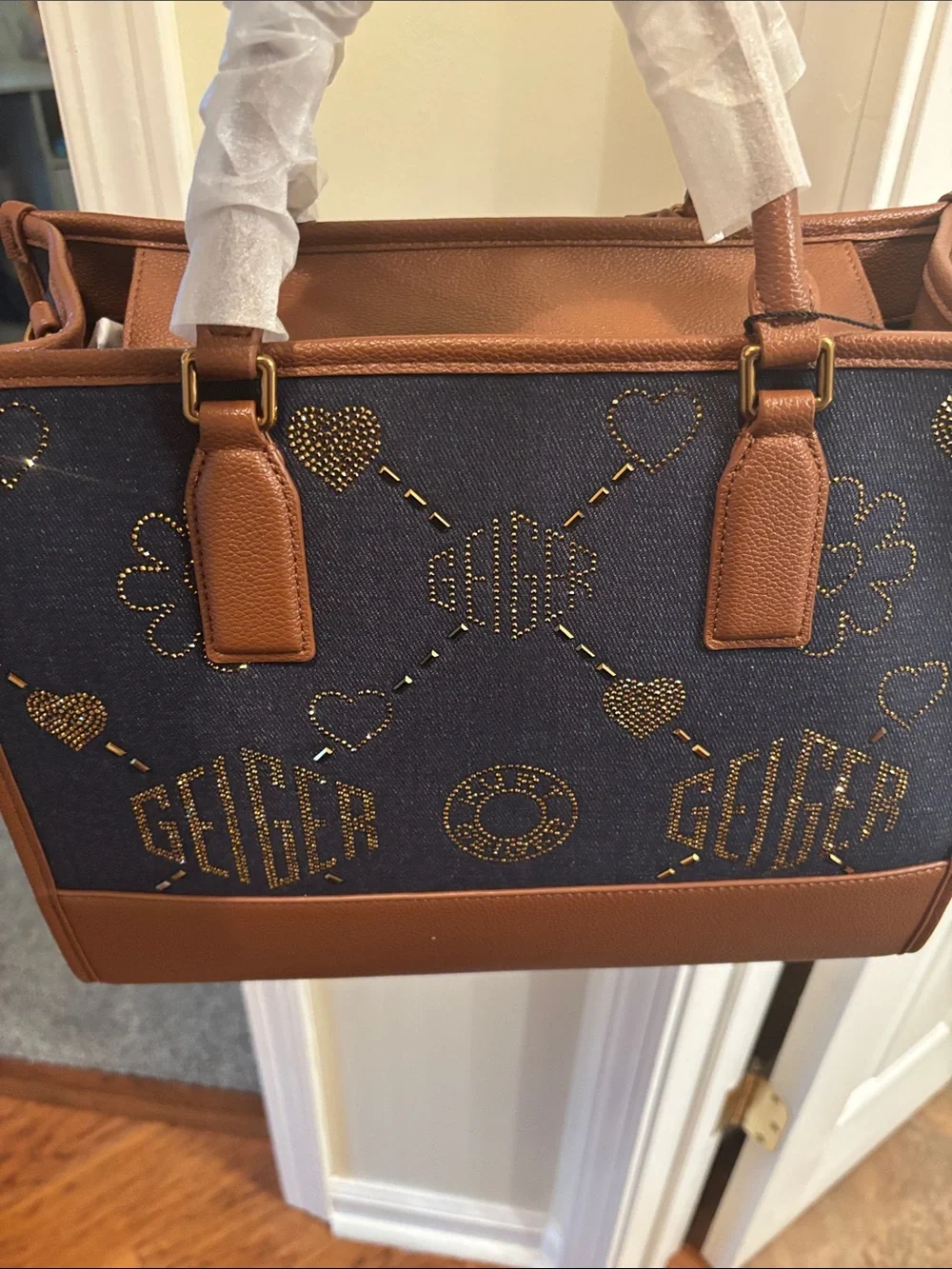 Kurt Geiger Navy Denim-Style Satchel with Tan Trim and Gold Studs